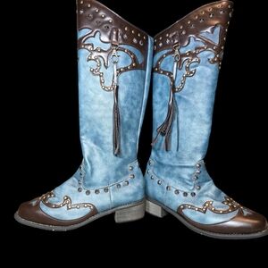 Womens Studded Cowboy Boots Blue & Brown With Tassle Country Concert